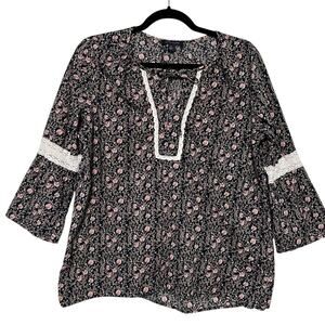Tommy Hilfiger Cotton Floral Bohemian Top Navy with crochet lace detail (L)